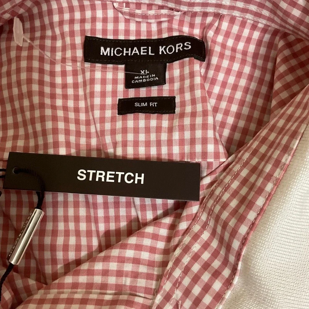 Michael Kors Slim Fit stretch short sleeved  plaid red ‎ white Women's blouse XL